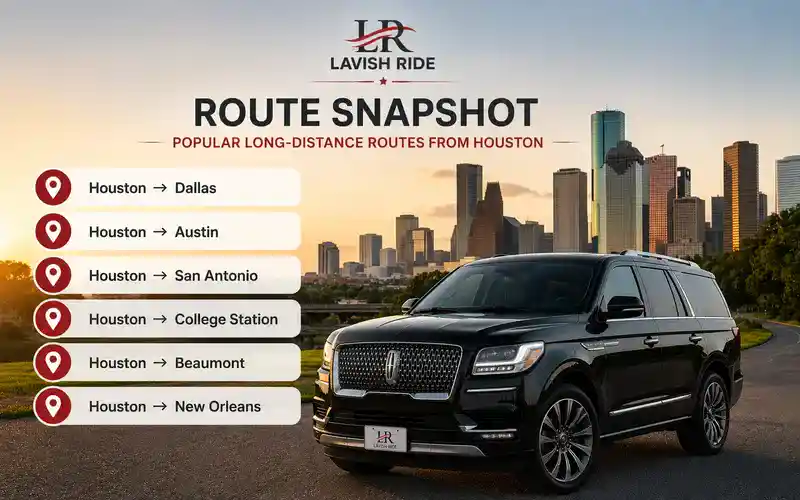 Black Lincoln Navigator highlighting popular long-distance routes from Houston, including Dallas, Austin, San Antonio, College Station, Beaumont, and New Orleans.